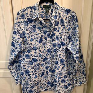 LAUREN Ralph Lauren Size L White Blue Floral Button-Up Shirt Long Sleeve Pocket